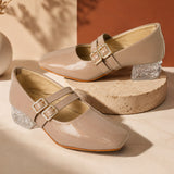 Freeplay Girls Glossy Block Heel Mary Jane with Embellished Buckle Strap