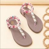 Freeplay Girls Stone Embellished Floral Print T-Strap Sandals