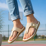 Freeplay Textured T-Strap Flat Slides with Buckle Embellishme