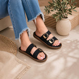 Freeplay Textured Double-Strap with Buckle Embellishment Slide Sandals