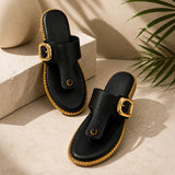 Freeplay Textured T-Strap Flat Slides with Buckle Embellishment