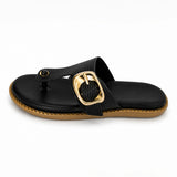 Freeplay Textured T-Strap Flat Slides with Buckle Embellishment
