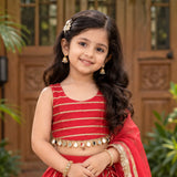 Freeplay Sleeveless Striped Choli & Lehenga Set with Dupatta & Back Dori Tie-Up Closure