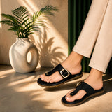 Freeplay Textured T-Strap Flat Slides with Buckle Embellishment