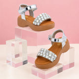 Freeplay Stone Embellished Platform Sandals with Metallic Strap & Velcro Closure
