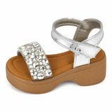 Freeplay Stone Embellished Platform Sandals with Metallic Strap & Velcro Closure