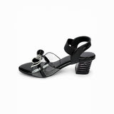Freeplay Party Wear Block Heel Sandals With Transparent Strap, Bow Embellishment & Elastic Back Strap